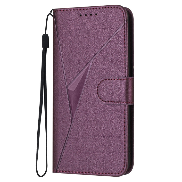 Purple leather phone case with triangle pattern and side wrist strap, flip cover