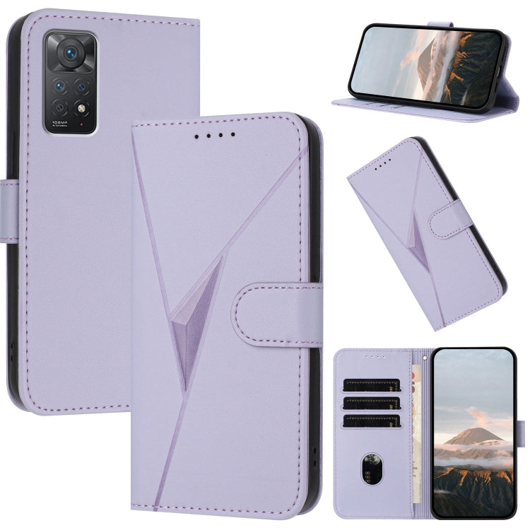 Light purple leather flip phone case with triangular pattern and buckle clasp, card holder