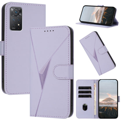 Light purple leather flip phone case with triangular pattern and buckle clasp, card holder