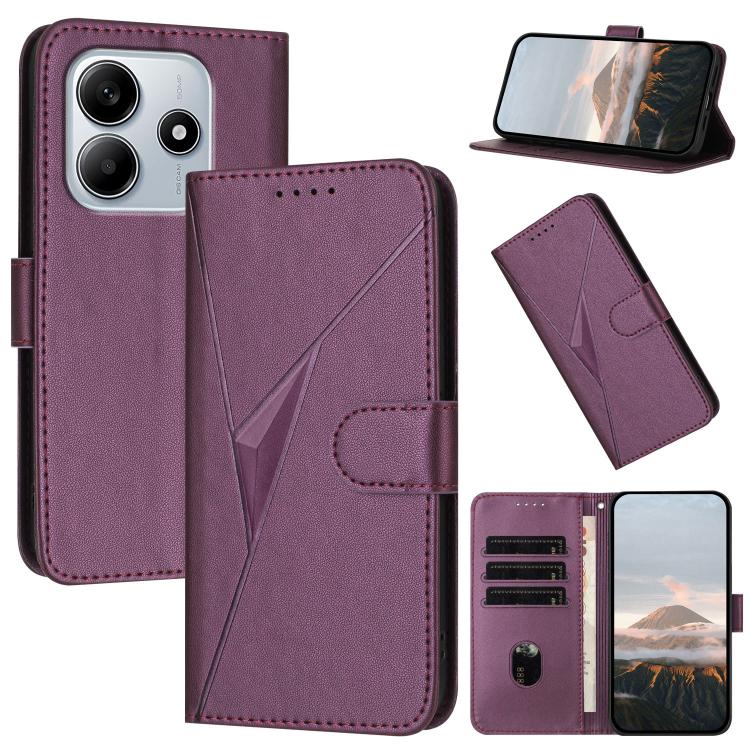 Purple leather wallet phone case with triangle pattern, buckle clasp, card slots, kickstand