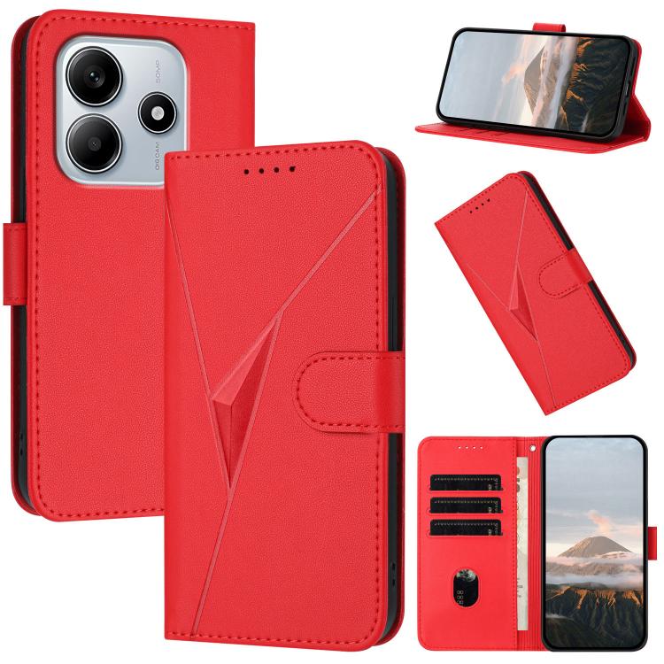 Red leather wallet phone case with triangle pattern, buckle clasp, card slots, kickstand