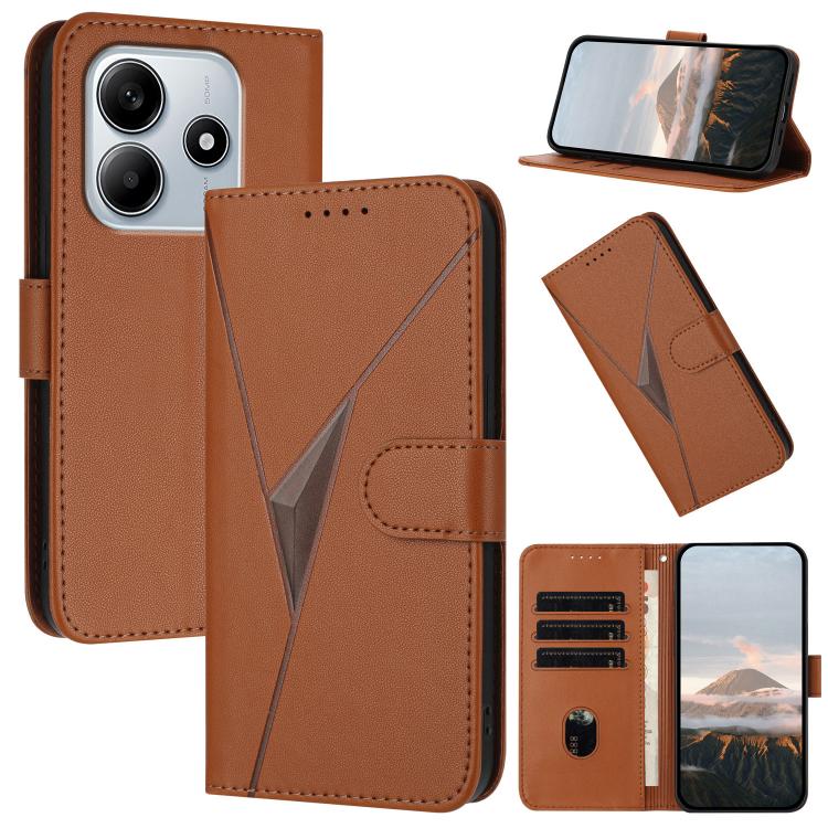 Brown leather wallet phone case with triangle pattern, buckle clasp, card slots, kickstand