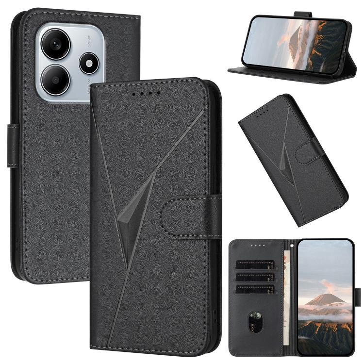 Dark gray leather wallet phone case with triangle pattern, buckle clasp, card slots, kickstand
