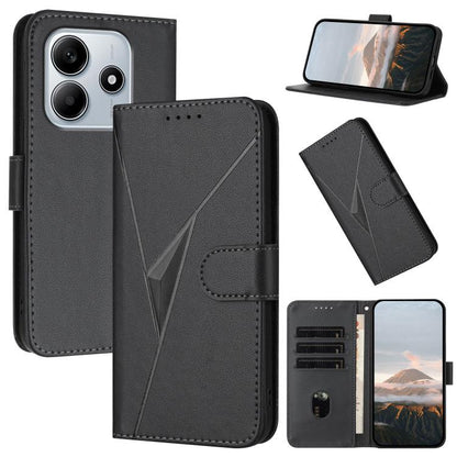 Dark gray leather wallet phone case with triangle pattern, buckle clasp, card slots, kickstand