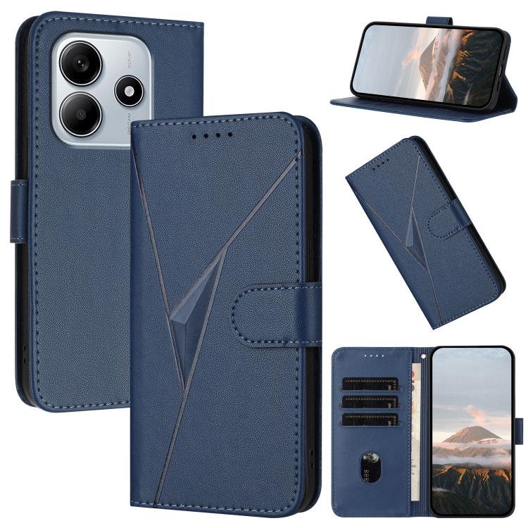 Blue leather wallet phone case with triangle pattern, buckle clasp, card slots, kickstand