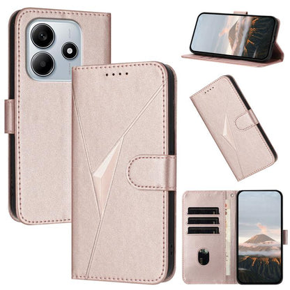 Light pink leather wallet phone case with triangle pattern, buckle clasp, card slots, kickstand