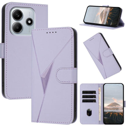 Lavender leather wallet phone case with triangle pattern, buckle clasp, card slots, kickstand