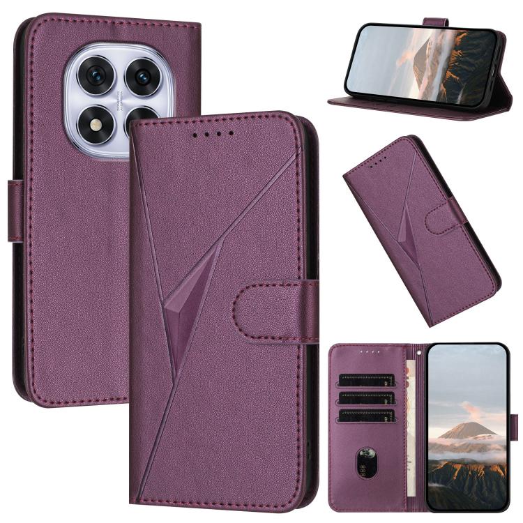 Dark purple triangle pattern leather phone case with buckle clasp and card slots