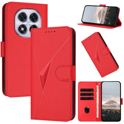 Red triangle pattern leather phone case with buckle clasp and card slots