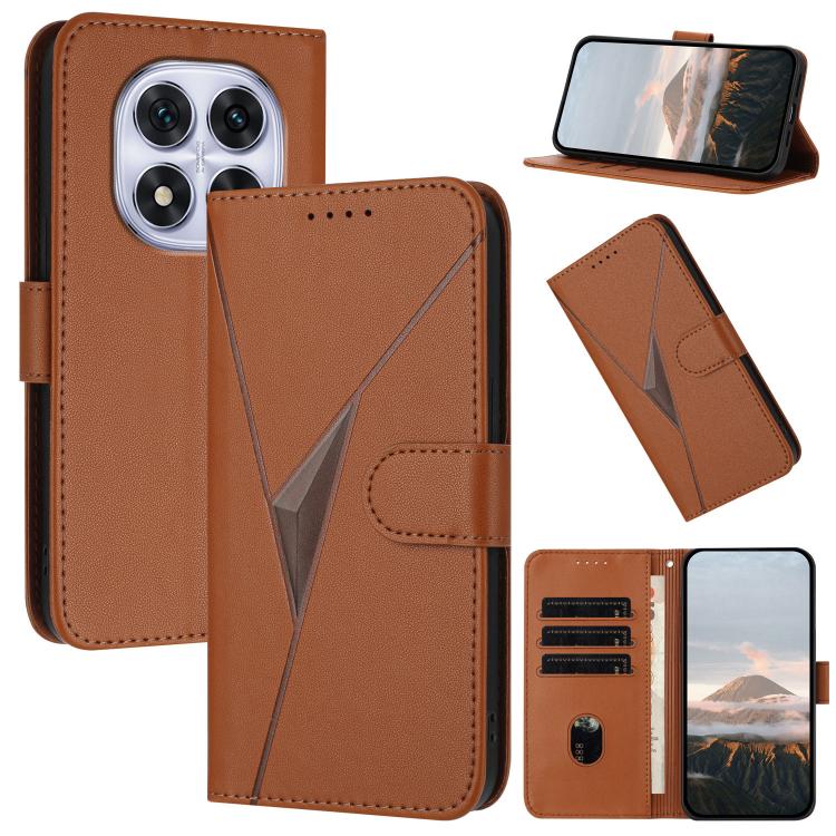 Brown triangle pattern leather phone case with buckle clasp and card slots