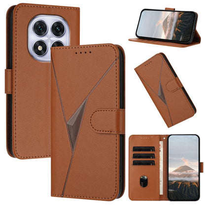 Brown triangle pattern leather phone case with buckle clasp and card slots