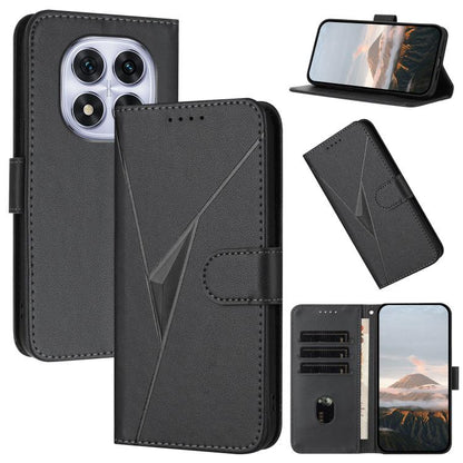 Black triangle pattern leather phone case with buckle clasp and card slots