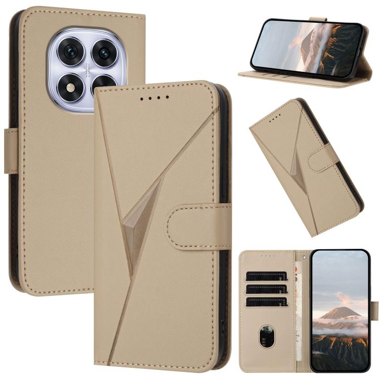 Beige triangle pattern leather phone case with buckle clasp and card slots