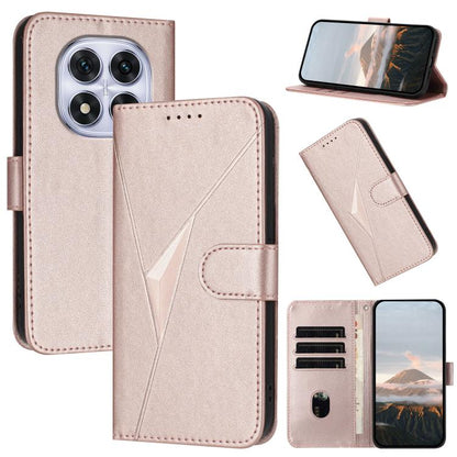 Rose-gold leather phone case with triangle pattern, buckle clasp, and stand cover