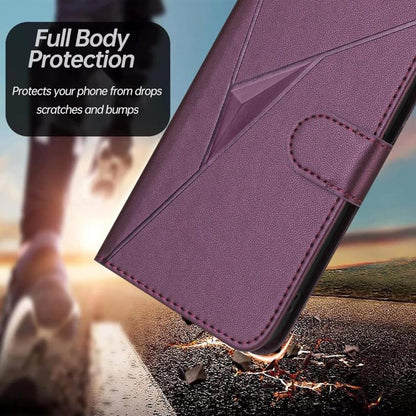 Dark purple flip phone case with triangle pattern and stitched crossbody-look strap
