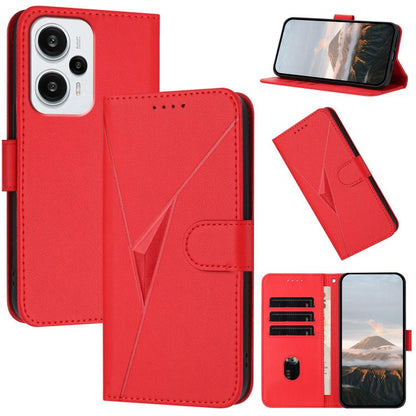 Red flip phone case with triangle pattern, side buckle strap, and card slots