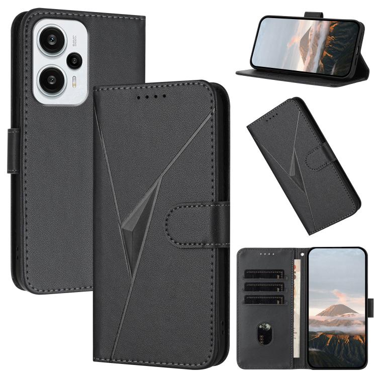 Black flip phone case with triangle pattern, side buckle strap, and card slots