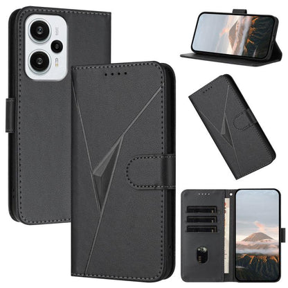 Black flip phone case with triangle pattern, side buckle strap, and card slots