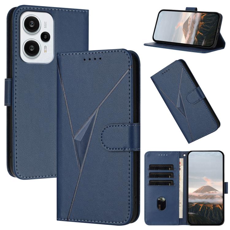 Blue leather phone case with triangle pattern, side buckle, and folio stand