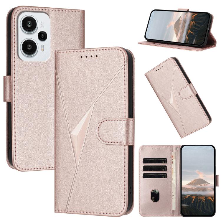 Rose gold leather phone case with triangle pattern, side buckle, and folio stand