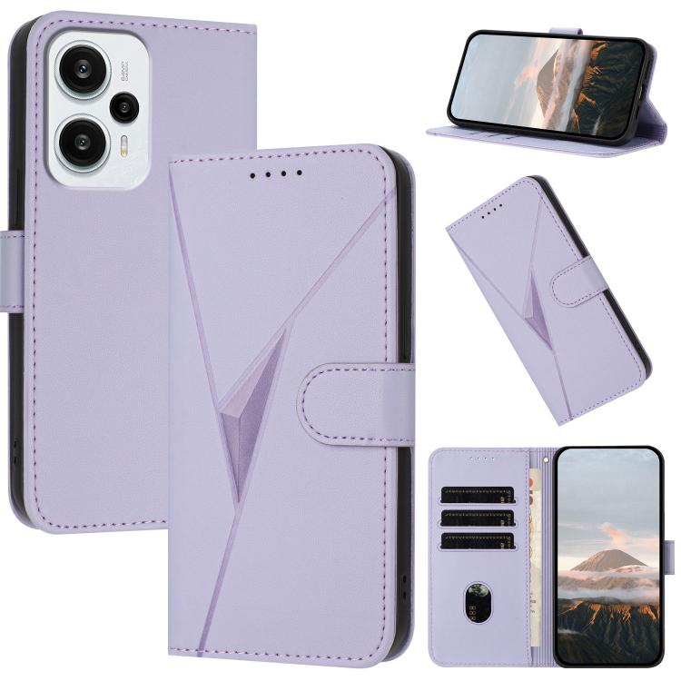 Light purple leather phone case with triangle pattern, side buckle, and folio stand