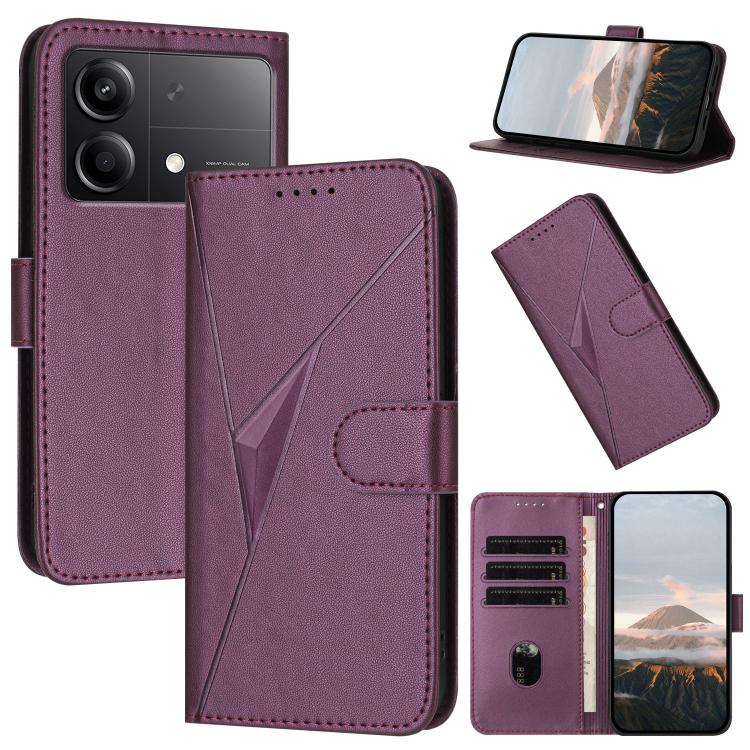 Dark purple leather wallet phone case with triangle pattern, buckle clasp, card slots