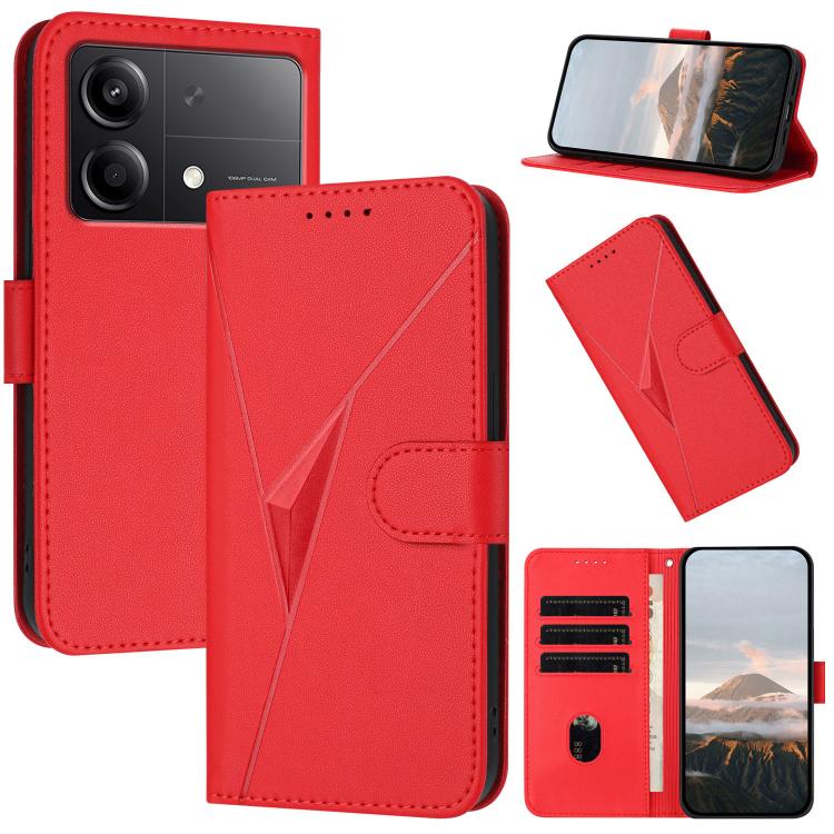 Red leather wallet phone case with triangle pattern, buckle clasp, card slots