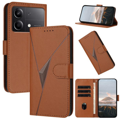 Brown leather wallet phone case with triangle pattern, buckle clasp, card slots