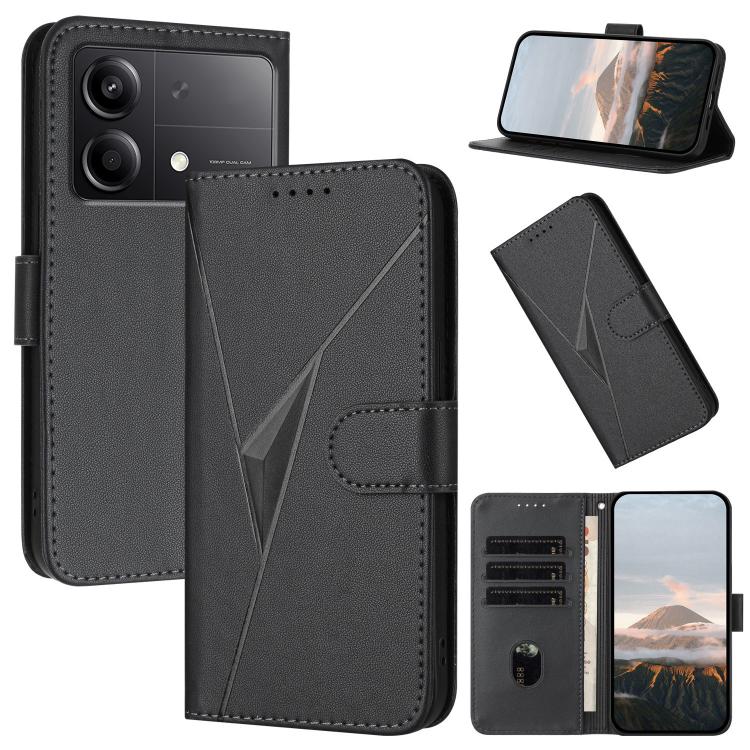 Black leather wallet phone case with triangle pattern, buckle clasp, card slots