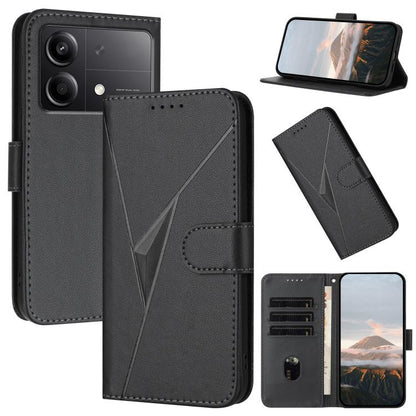 Black leather wallet phone case with triangle pattern, buckle clasp, card slots