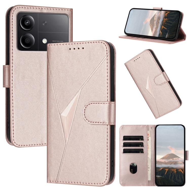 Leather phone case with triangle pattern, buckle clasp, rose gold color