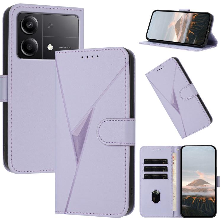 Leather phone case with triangle pattern, buckle clasp, light purple color