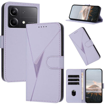 Leather phone case with triangle pattern, buckle clasp, light purple color