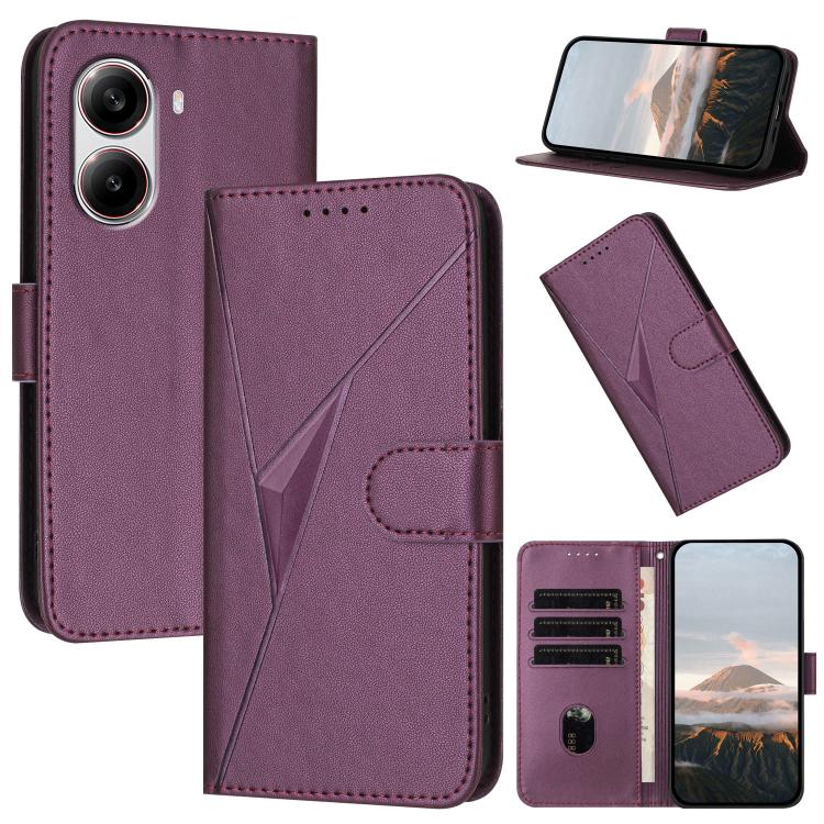 Dark purple leather phone wallet case with triangle buckle clasp and card slots