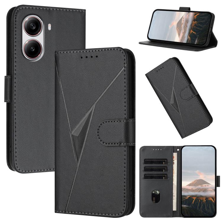 Black leather phone wallet case with triangle buckle clasp and card slots