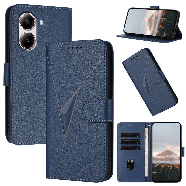 Blue leather phone wallet case with triangle buckle clasp, flip cover and card slots