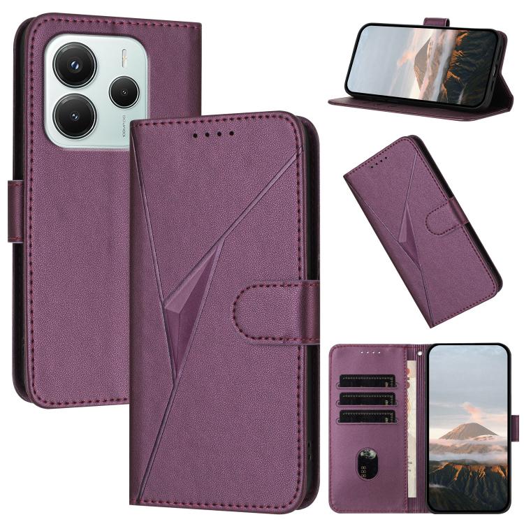 Dark purple leather folio phone case with triangle pattern, magnetic clasp, card slots