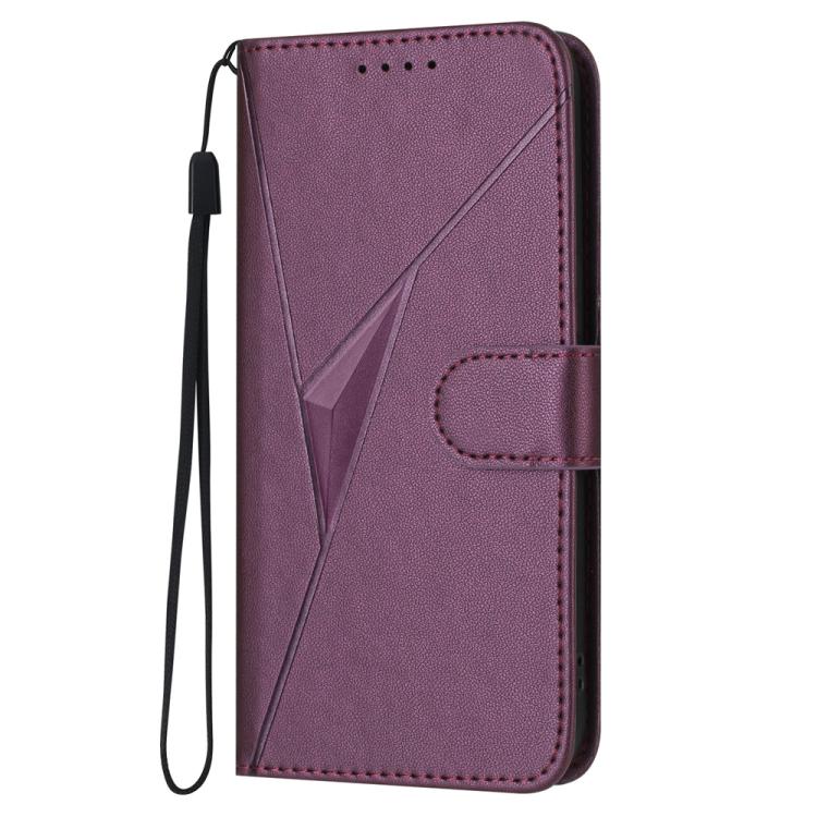 Dark purple leather folio phone case with triangle pattern and side wrist strap