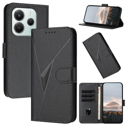 Black leather folio phone case with triangle pattern, magnetic clasp, and card slots