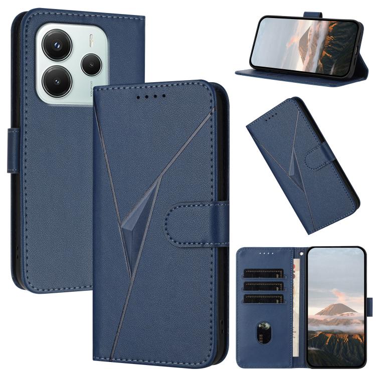 Dark blue leather phone wallet case with triangle buckle clasp and card slots