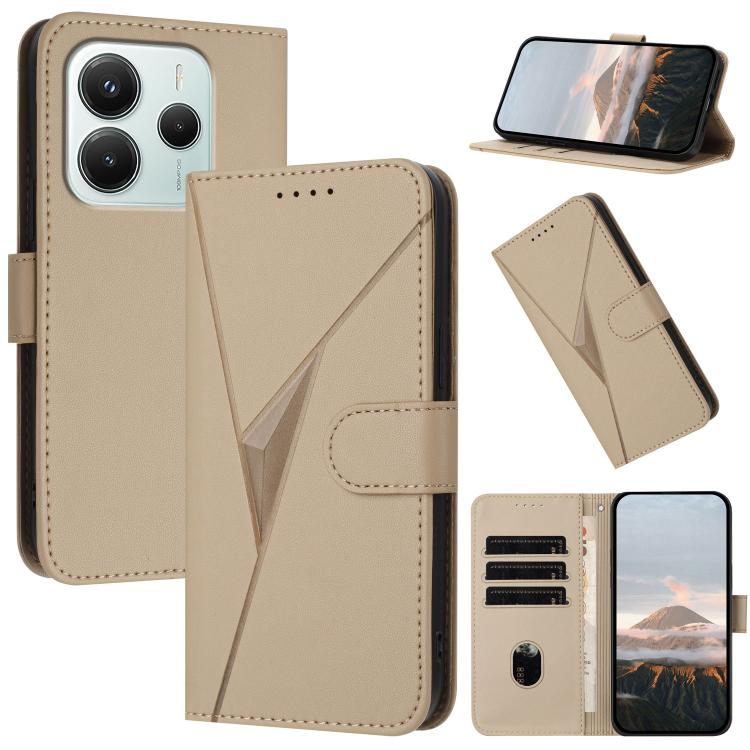 Beige leather phone wallet case with triangle buckle clasp and card slots