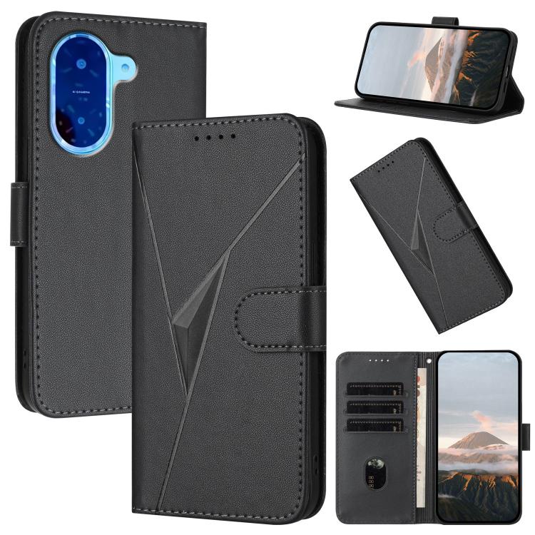Black leather phone wallet case with triangle pattern, buckle clasp, card slots