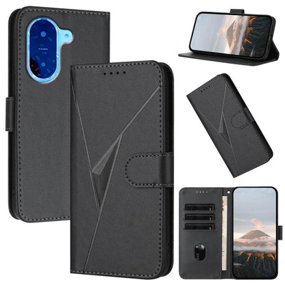 Black leather phone wallet case with triangle pattern, buckle clasp, card slots