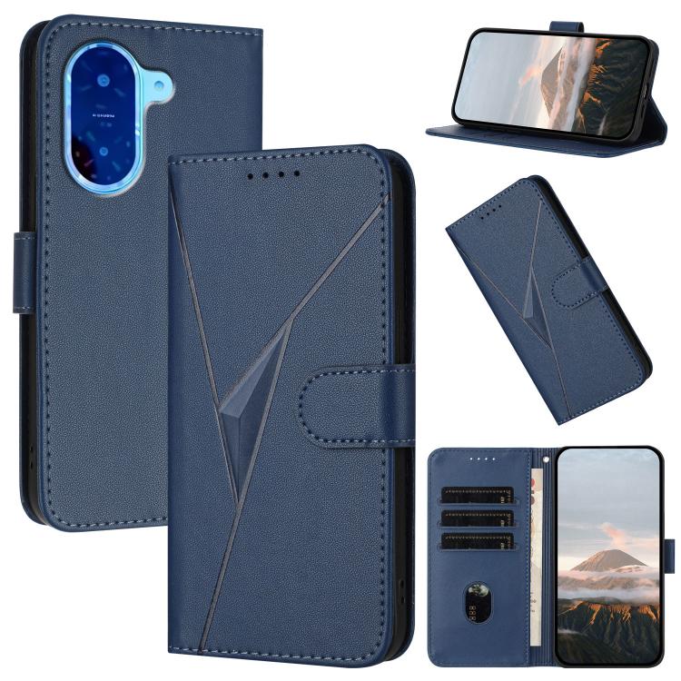 Royal blue leather phone wallet case with triangle pattern, buckle clasp, card slots