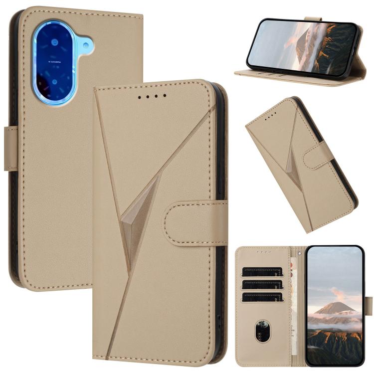 Beige leather phone wallet case with triangle pattern, buckle clasp, card slots