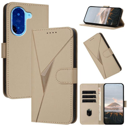 Beige leather phone wallet case with triangle pattern, buckle clasp, card slots
