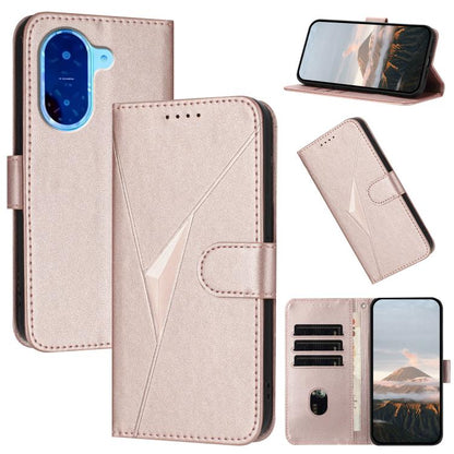 Rose pink leather phone wallet case with triangle pattern, buckle clasp, card slots