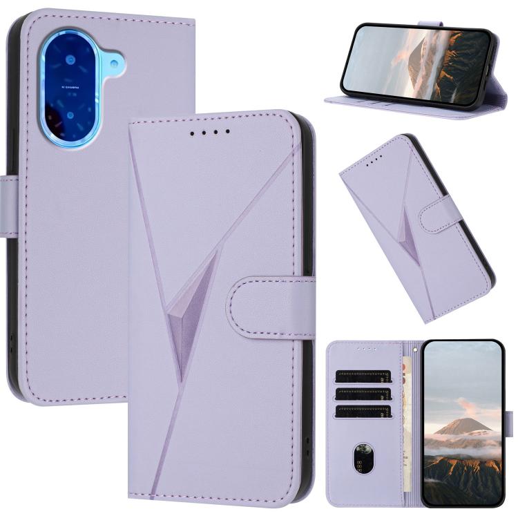 Light purple leather phone wallet case with triangle pattern, buckle clasp