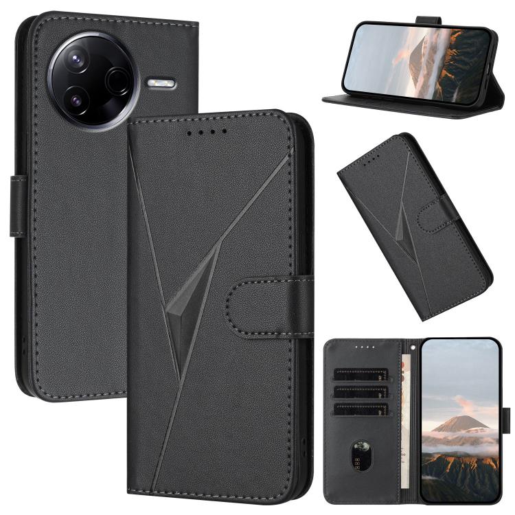 Black leather phone case with triangle pattern, buckle clasp, and card holder slot.