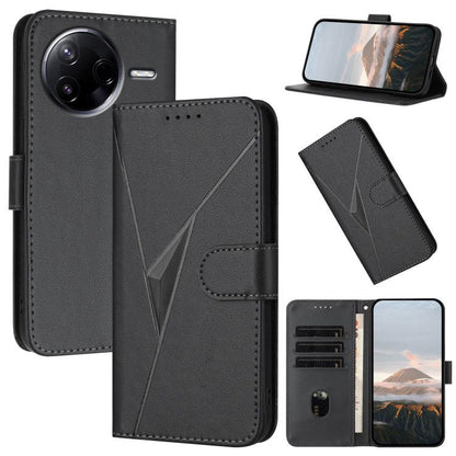 Black leather phone case with triangle pattern, buckle clasp, and card holder slot.